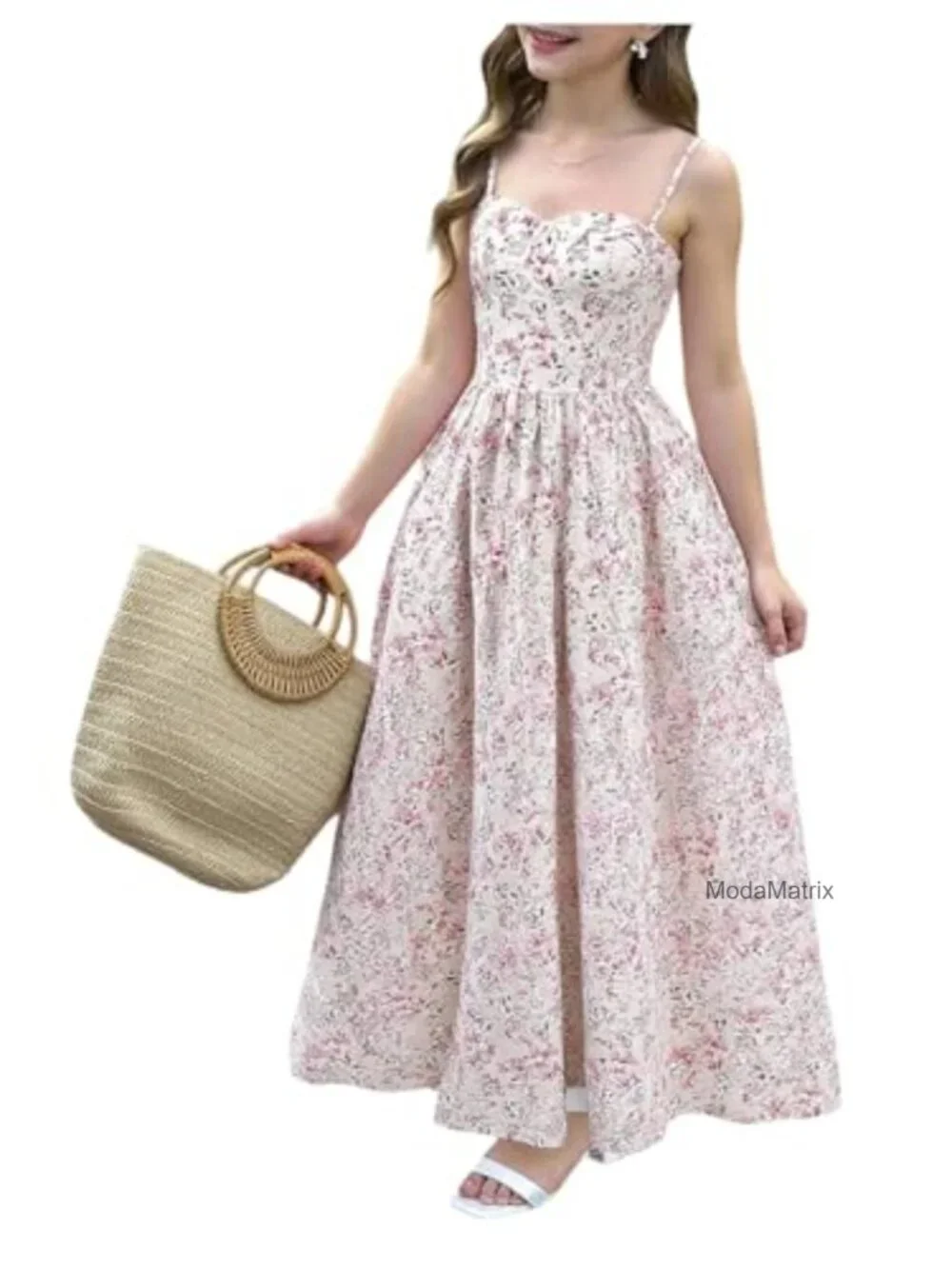 Flowy Floral Sweetheart Neck Spaghetti Strap Midi Dress Girls Boho Smocked